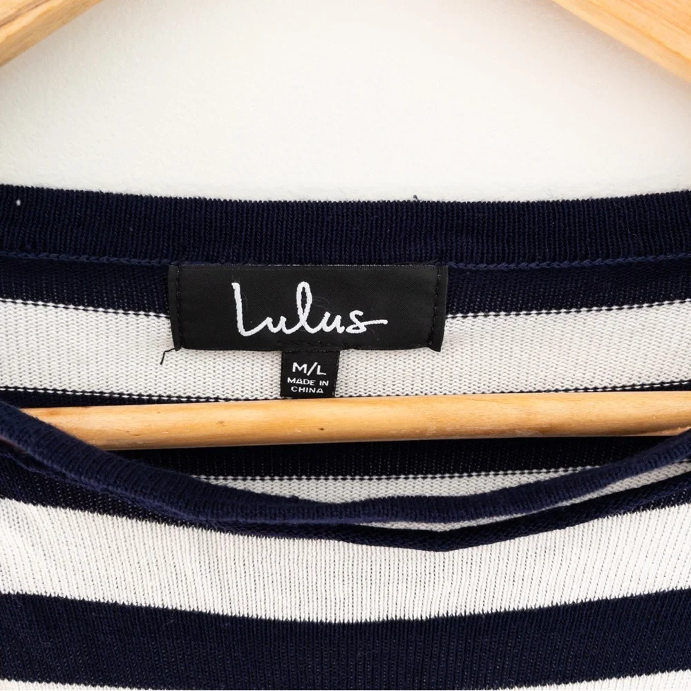 Lulu's Navy White Split Neck Flare Sleeve Stripe Crop Sweater Capsule Minimalist
